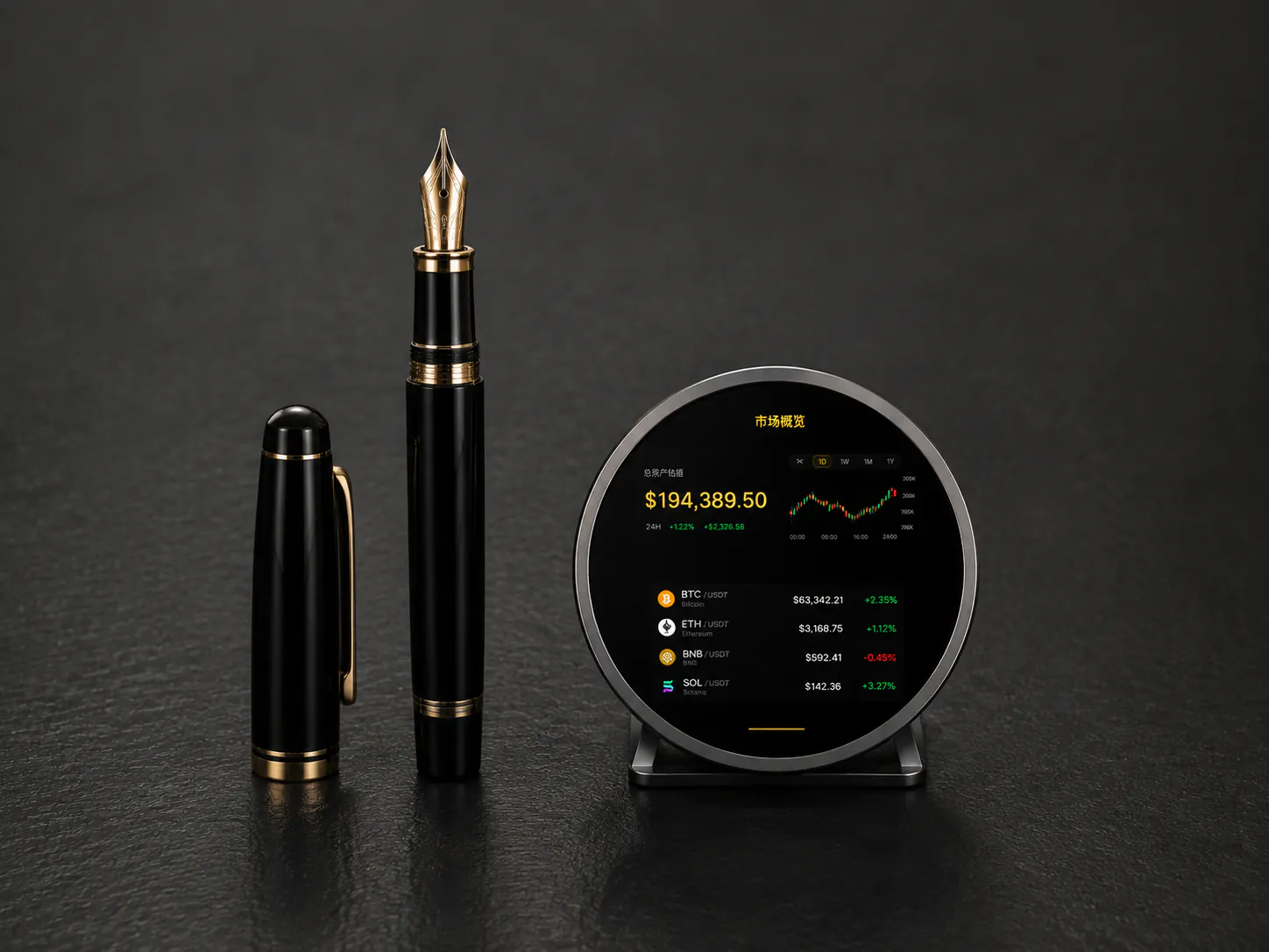 The ECHO 2.14-inch circular desk device shown beside a fountain pen