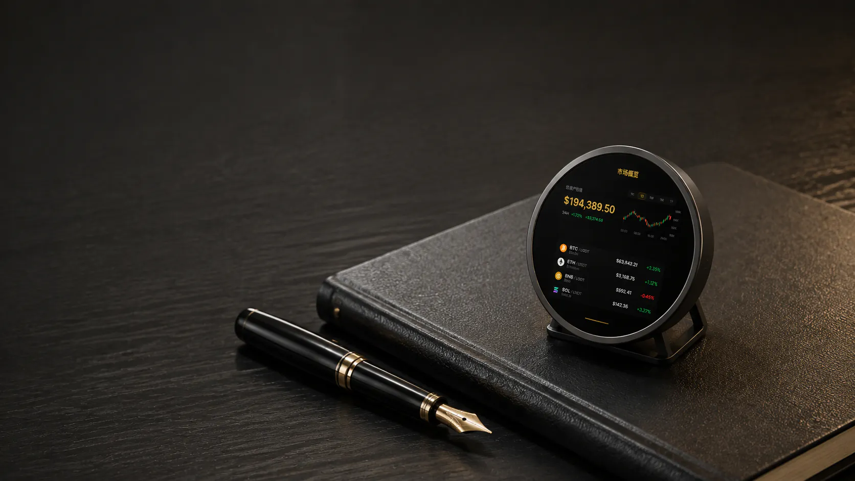 The ECHO compact circular market information device beside a notebook and fountain pen